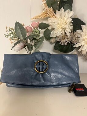 HOBO International Bluebell Leather Fold-Over Clutch with Brass Ring